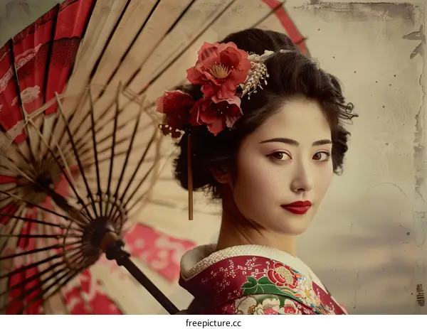Portrait of a beautiful Japanese woman in traditional kimono with red umbrella