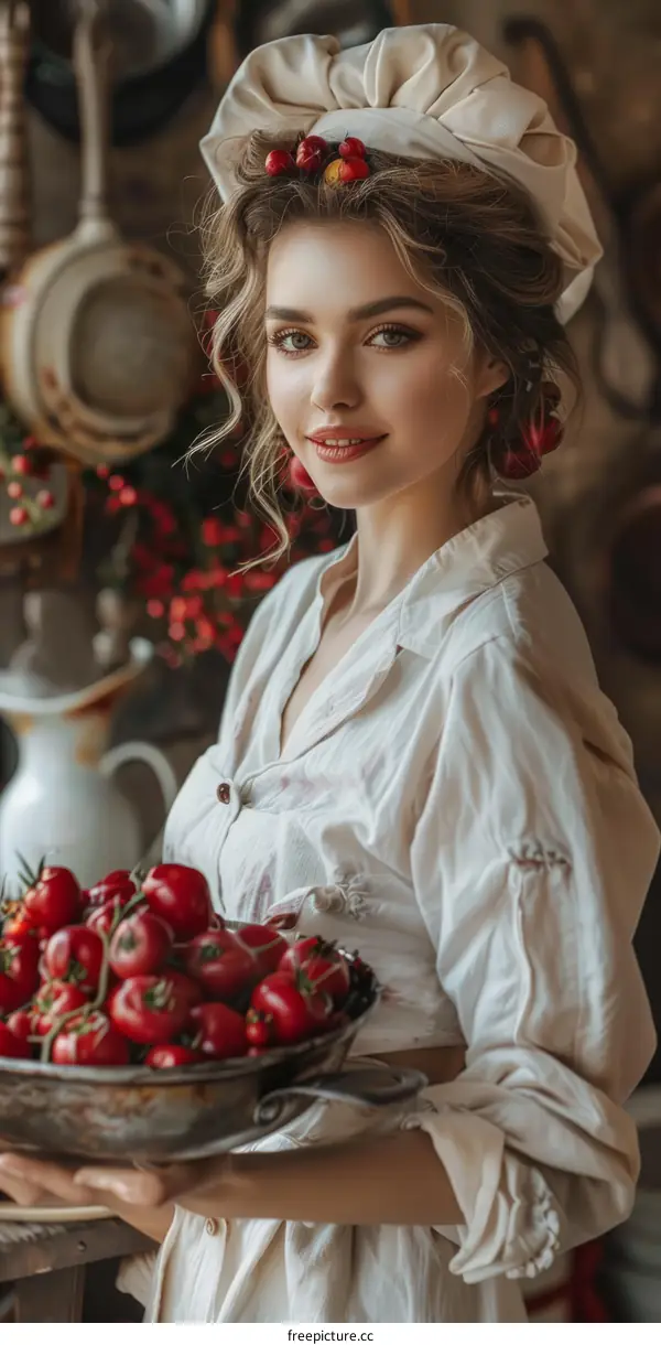 girl in white shirt holding a bowl of red tomatoes