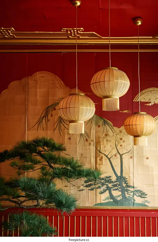 Three Chinese style golden lamps hanging in front of a red wall with Chinese style painting