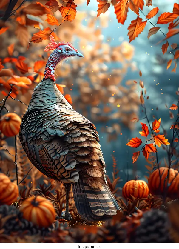 A turkey standing in an autumn forest