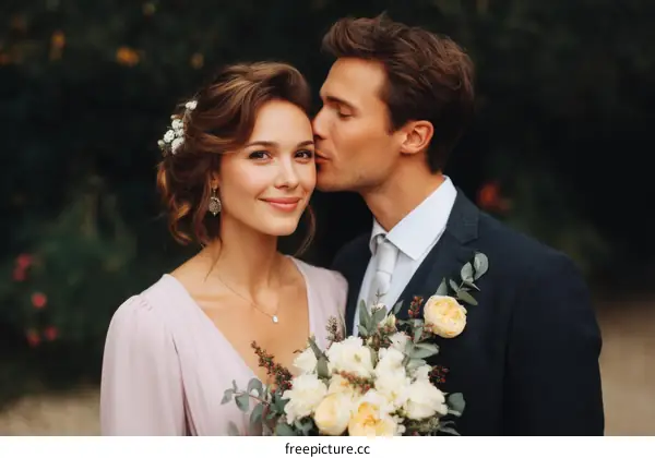 Couple Wedding Kissing Romantic Garden