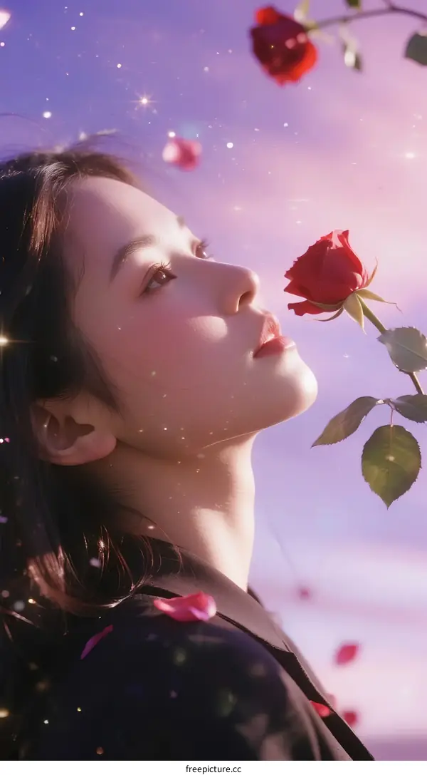 A Woman Looking Up at Red Roses in a Soft Purple Sky