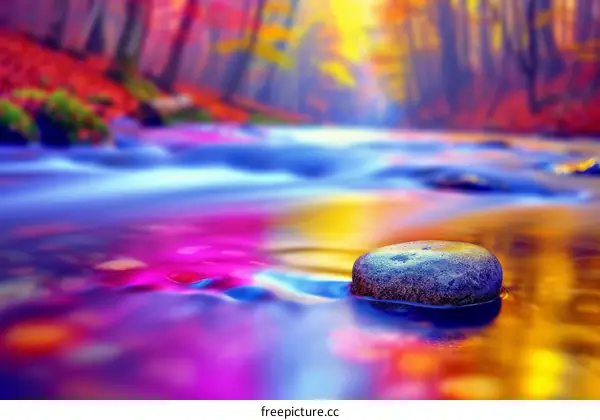 A colorful river flows through a forest with rocks in the foreground