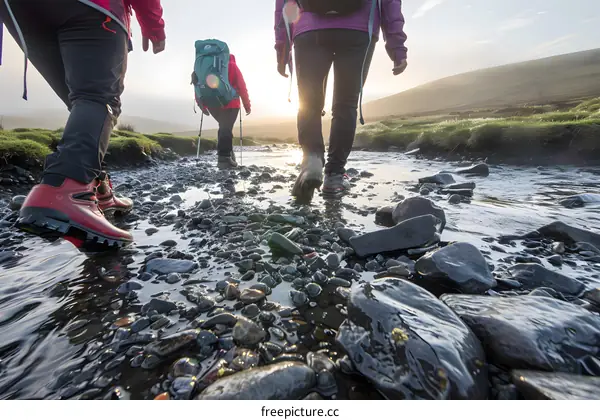 Three Hikers Crossing A Shallow River