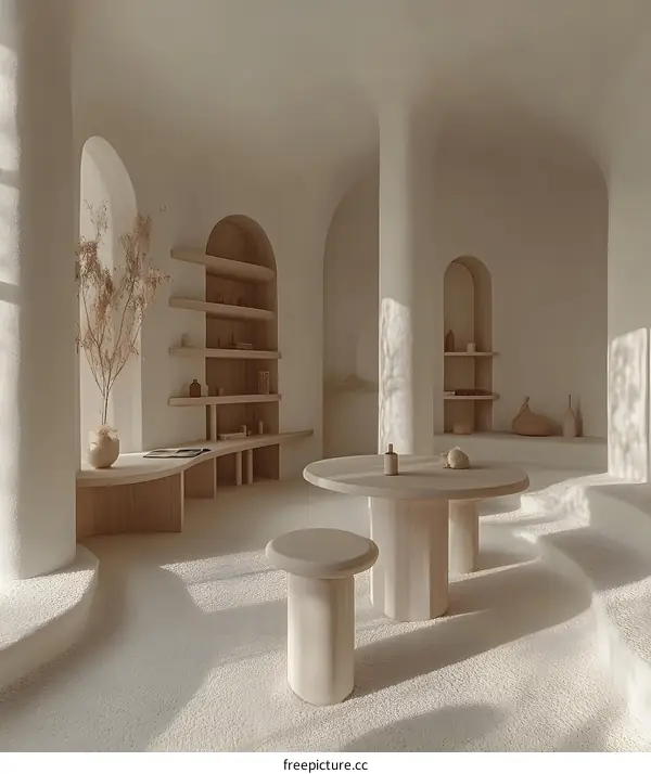 Minimalist Modern Interior Design With Wooden Furniture And Archways