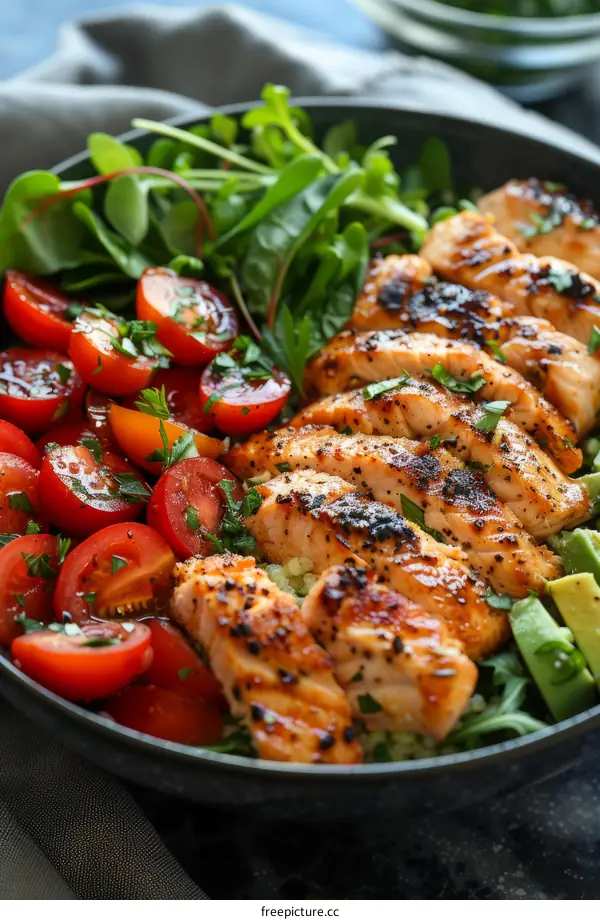 Grilled salmon with tomatoes and avocado