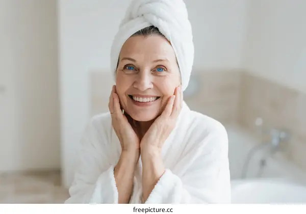 Mature woman with towel on head smiling after bath