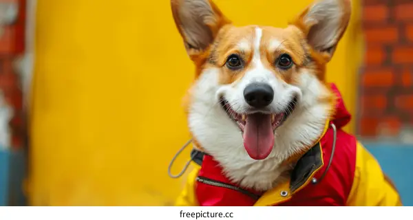 A happy corgi dog wearing a red and yellow raincoat