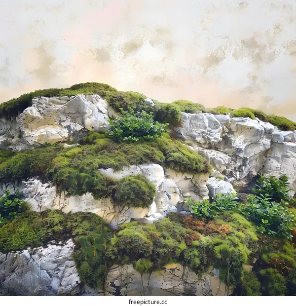 Green Moss Covering Rough Stone Cliff