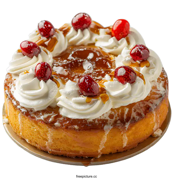 [Transparent Background PNG]Delicious round cake decorated with cream and cherries