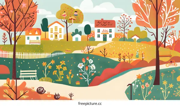 Fall Village Landscape with Houses and a Woman