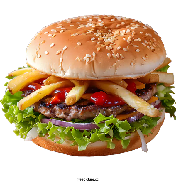 [Transparent Background PNG]Delicious Burger with French Fries, Lettuce, and Ketchup