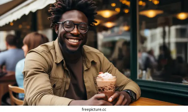 A young man is drinking a milkshake and smiling