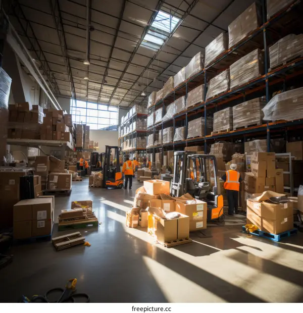 A large warehouse with many forklifts and workers