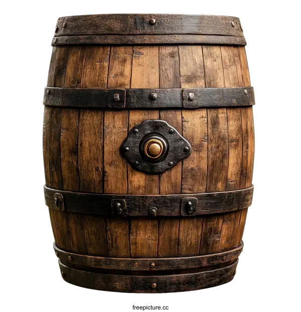 [Transparent Background PNG]Antique Wooden Barrel with Iron Bands