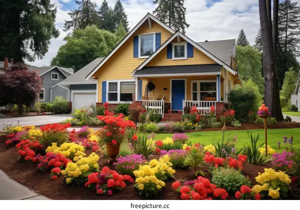 A colorful garden with a yellow house in the background