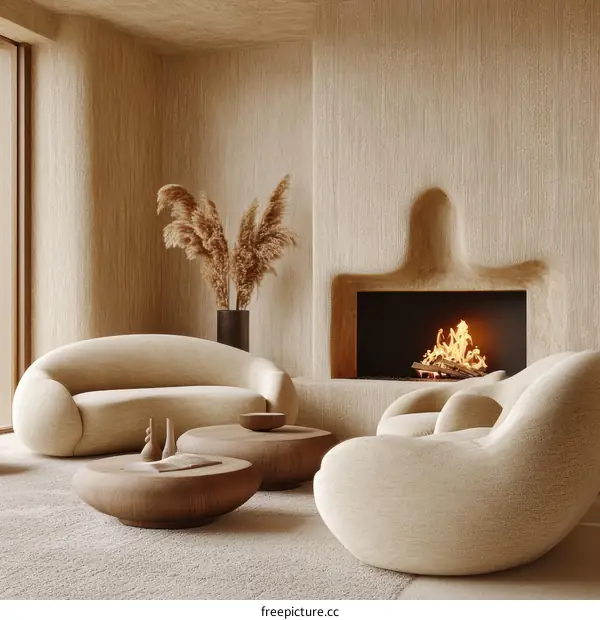 Beige Living Room Interior Design with Fireplace
