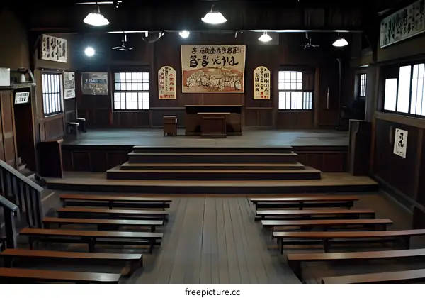 Old Wooden Hall with Stage and Benches