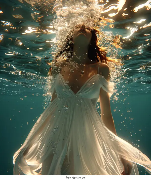 Woman in White Dress Floating Underwater