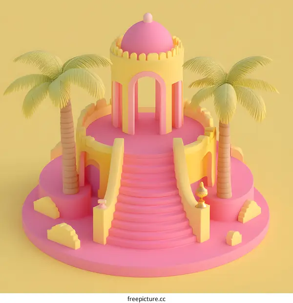 3D Render of a Pink and Yellow Pagoda with Palm Trees