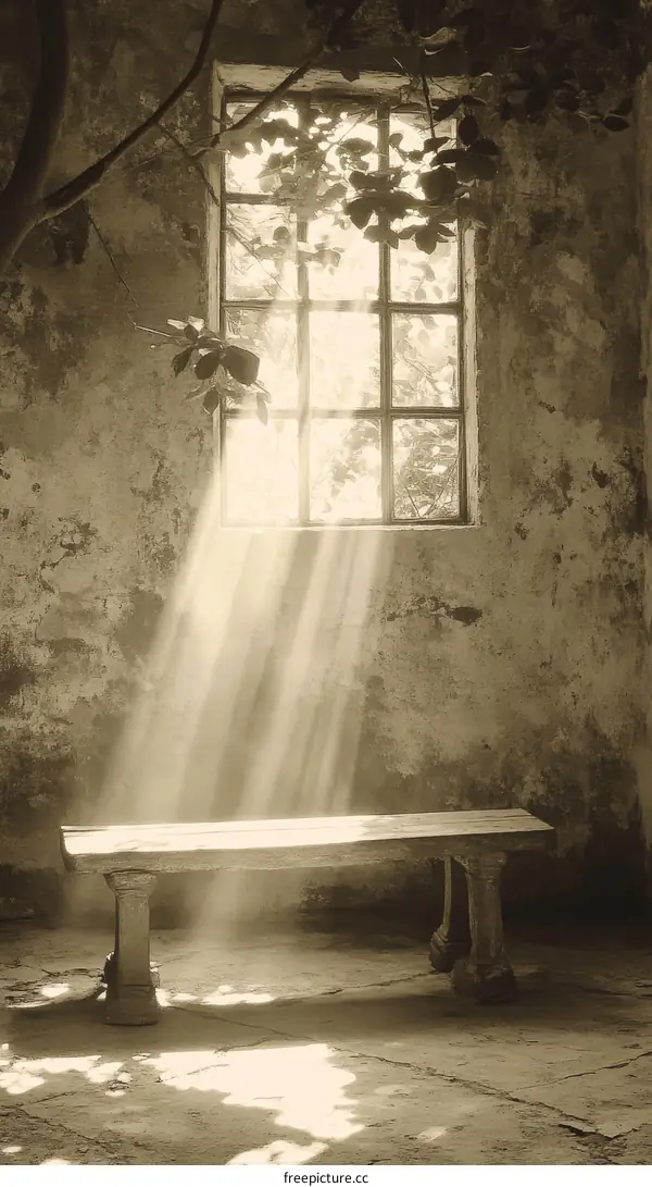 Sunlight Illuminating an Old Wooden Bench Through a Window