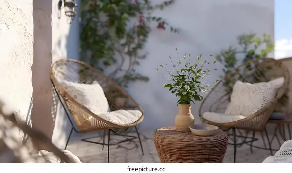Bohemian Style Patio with Wicker Chairs and Flowers
