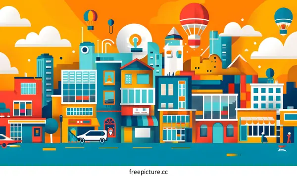 Colorful Cityscape Illustration With Hot Air Balloons