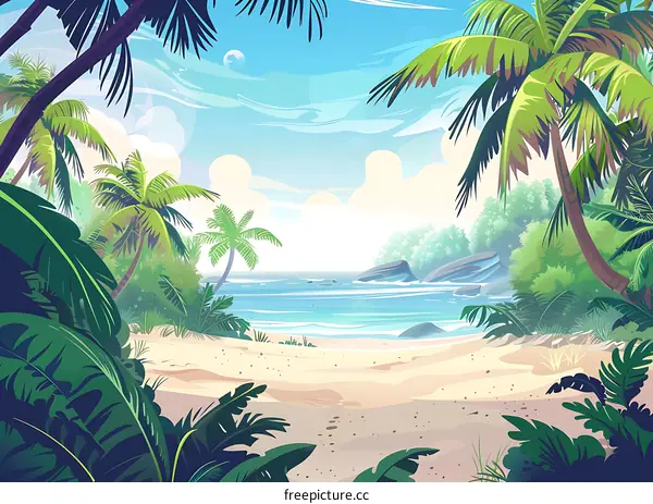 Tropical Beach with Palm Trees and Ocean View