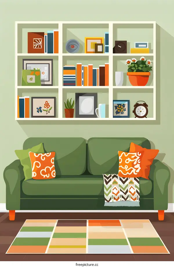 Green Sofa in Living Room with Bookshelf and Rug