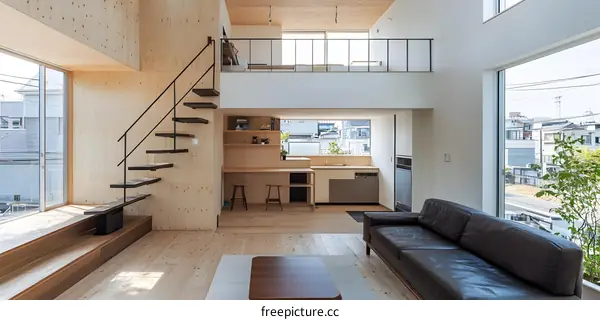 Modern Minimalist Interior Design With Wooden Staircase And Large Windows