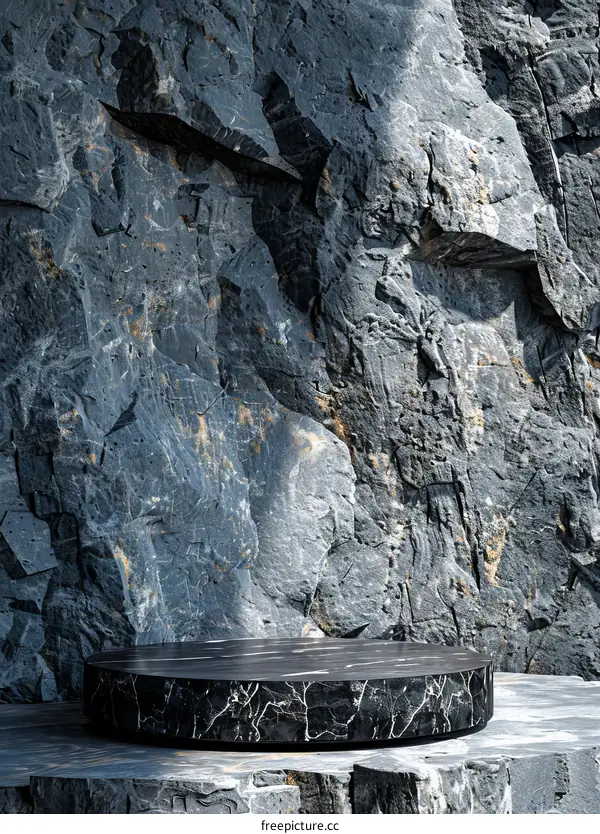 Black Marble Podium on Rock Background