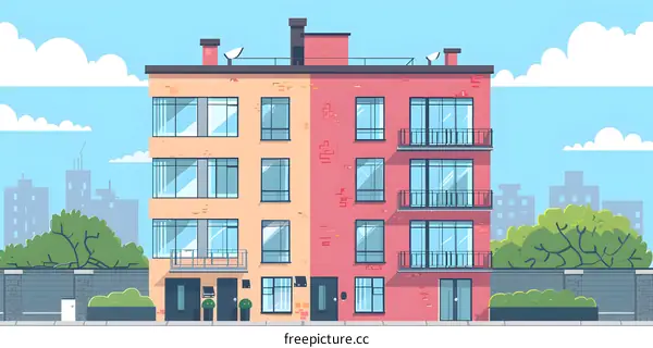 Cartoon Illustration of a Colorful Building With Balconies and Windows