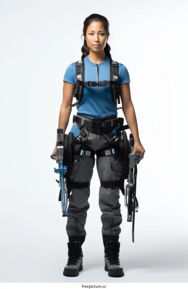 A woman wearing an exoskeleton suit