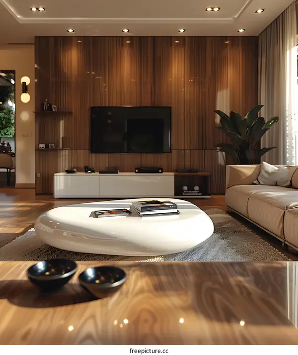 Modern Living Room Interior Design with White Coffee Table and Wooden Wall