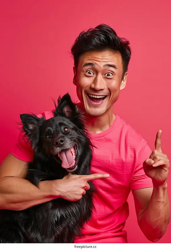 Portrait of a happy Asian man with his dog
