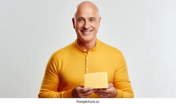 Bald man in yellow sweater holding a block of cheese