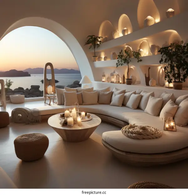 Modern interior design living room with curved sofa and ocean view