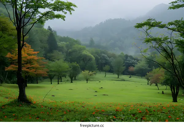 A verdant meadow located in a valley between two mountains