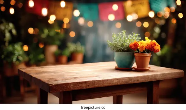 Rustic Wooden Table with Marigolds