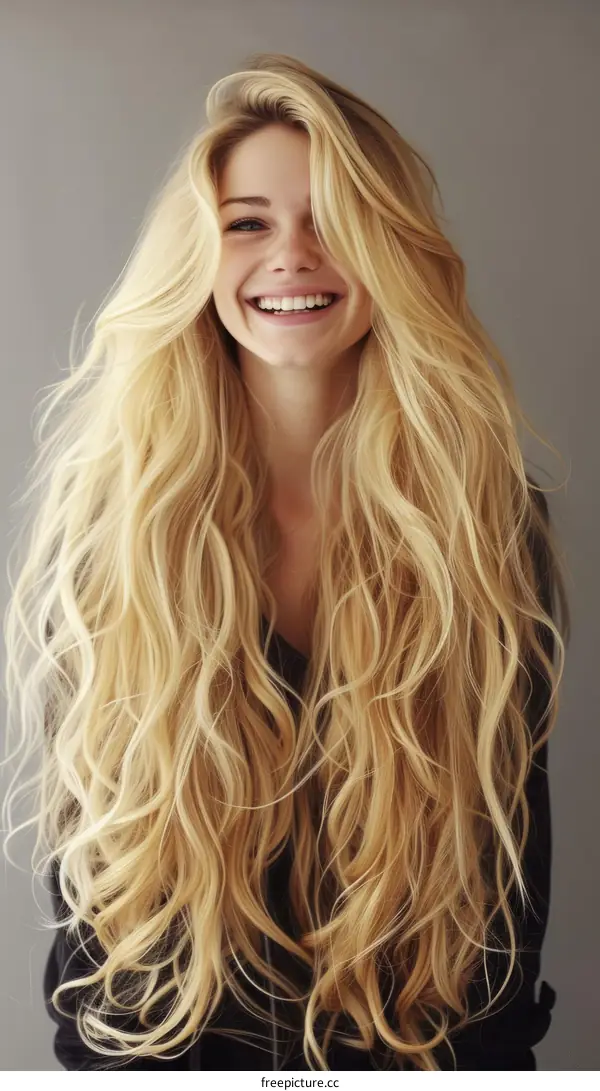 Gorgeous Blonde Model Smiling with Long Wavy Hair