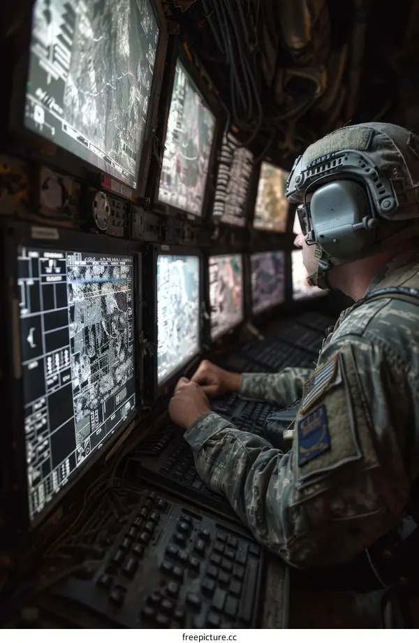 Soldier Monitoring Surveillance Screens in Military Operation Center
