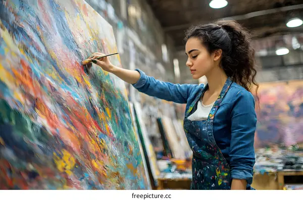Young Female Artist Painting Abstract Art in Studio