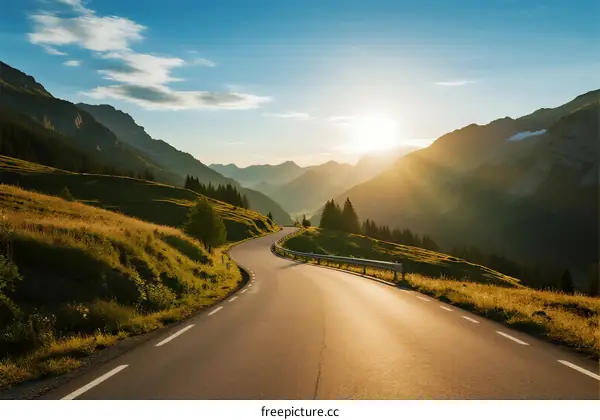 Sunlit winding road through mountainous landscape with beautiful scenery