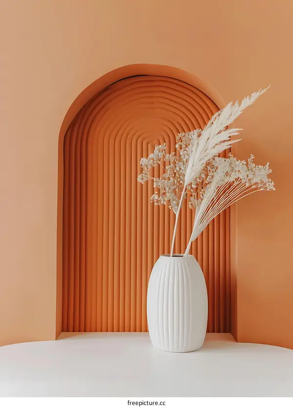 White Vase with Dried Flowers Against Orange Arch Wall