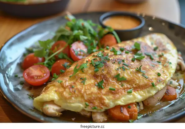 Omelette with chicken, carrot, tomato and salad