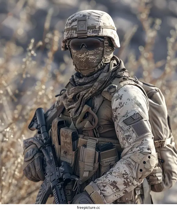 A soldier in full combat gear is standing in the desert.