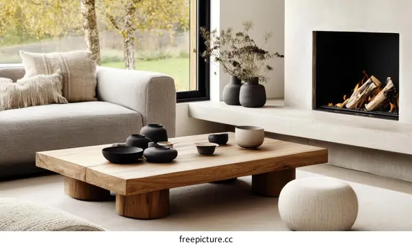 Modern Minimalist Living Room Featuring a Wooden Coffee Table