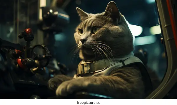 A gray cat wearing a spacesuit is sitting in the cockpit of a spaceship.