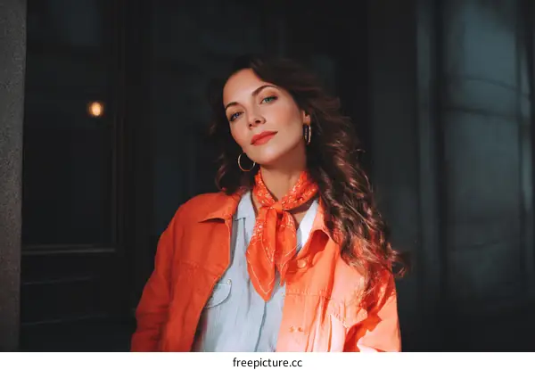 Stylish Woman in an Orange Jacket Outdoors