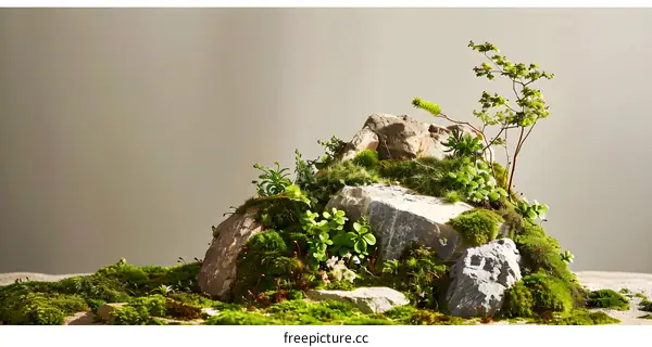 Closeup of Green Moss and Rocks in a Miniature Landscape